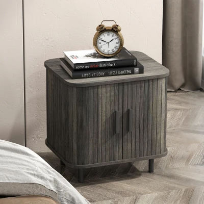 HOMCOM Nordic Bedside Table Sliding Doors Grey