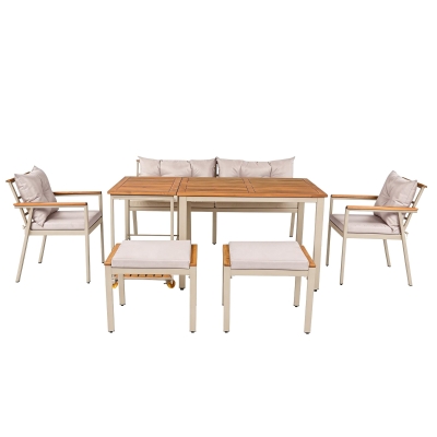Set tavolo e sedie da pranzo per giardino 6-7 posti, Beige+Colore naturale
