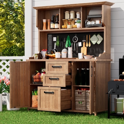 Freestanding Outdoor Cupboard with Drawers, Pegboard and Shelves, 120L x 50W x 185H cm, Natural