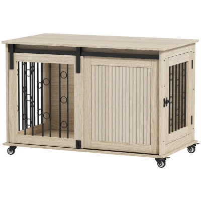 PawHut Jaula para Perros Medianos y Grandes Mesa Auxiliar Moderna con 2 Puertas y Cierre 100x56x65 cm Roble