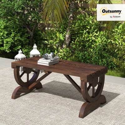 Outsunny Garden Rustic Wooden Bench Wheel-Shaped Legs Slatted Seat Stable Reinforced Structure Outdoor Patio Garden 2-Person Bench Seat - Brown