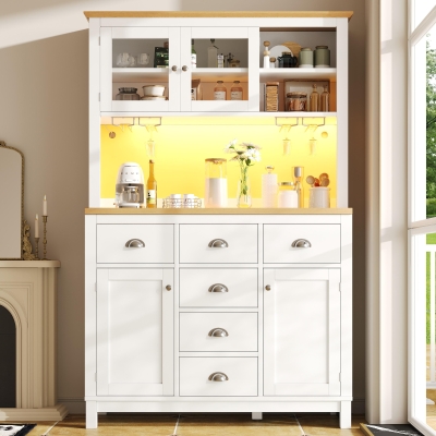 Farmhouse Style Sideboard with Spacious Shelves and Drawers, 104L x 40W x 180H cm, White