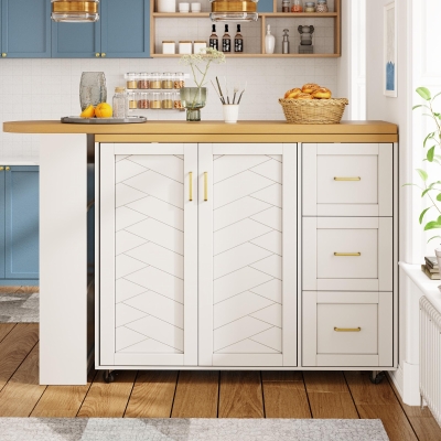Multifunctional Kitchen Island for Dining & Living Areas, 135-228L x 39W x 104H cm, White