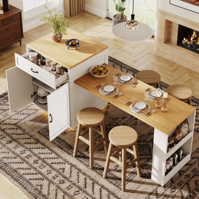 Extendable Kitchen Island with Built-In Wine Rack, 141-193.5L x 70W x 101.5H cm, White