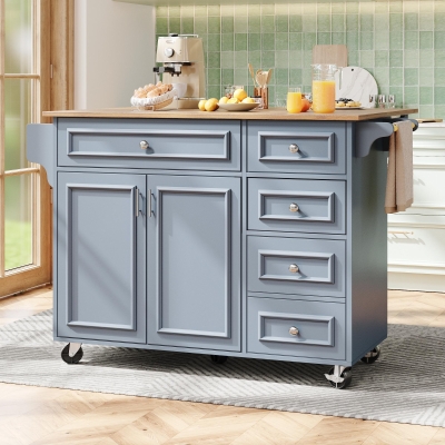 Multifunctional Kitchen Island with 3 Adjustable Shelves, 110L x 45-75W x 92H cm, Blue