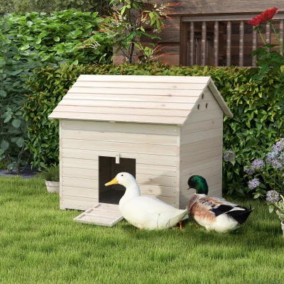 PawHut Abri pour canards maison pour canards avec toit ouvrant ventilation et porte-rampe 100 x 82,5 x 91 cm bois naturel
