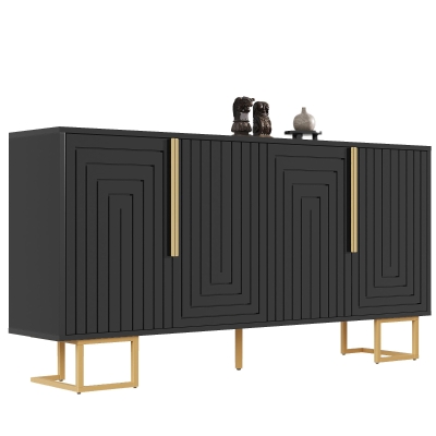 Stylish Sideboard with 2 Doors, 4 Shelves and Geometric Door Design, 152L x 40W x 75H cm, Black