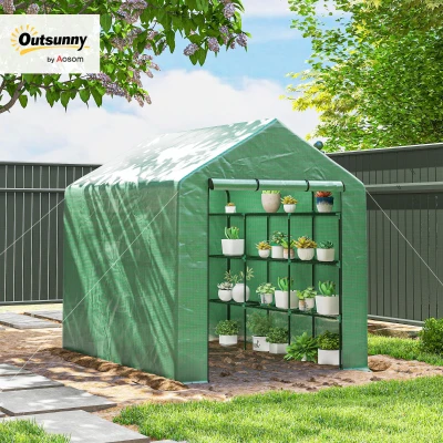 Outsunny Walk-in Greenhouse, 4 Tier 24 Shelves Portable Grow House with Roll-up Door, Dimensions 244 x 180 x 210cm, Green