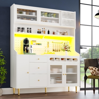 Freestanding Highboard with LED Lighting & Pull-Out Wine Rack, 145L x 39W x 171H cm, White