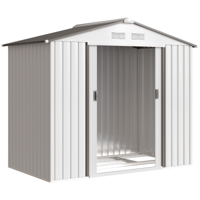 Outsunny Abrigo de Jardim 213x130x185cm Abrigo de Jardim Metálico de Exterior com 2 Portas Deslizantes e 4 Janelas Branco e Cinza