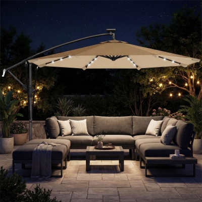 Outsunny Parasol Excéntrico con Luces LED Solares 330x295 cm Sombrilla Jardín con Base Cruzada Manivela Funda Protectora Caqui