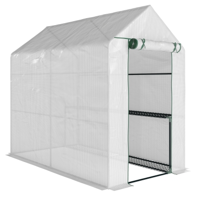 Outsunny Walk-in Garden Greenhouse with Shelves, Polytunnel Steeple Grow House, Outdoor Plant Shelter Tent, 186L x 120W 190Hcm, White