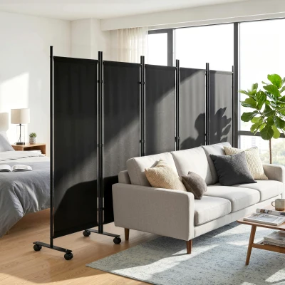 Outsunny Biombo Plegable de 5 Paneles con 12 Ruedas 252x170 cm Biombo Separador de Ambientes Montaje Personalizado Negro