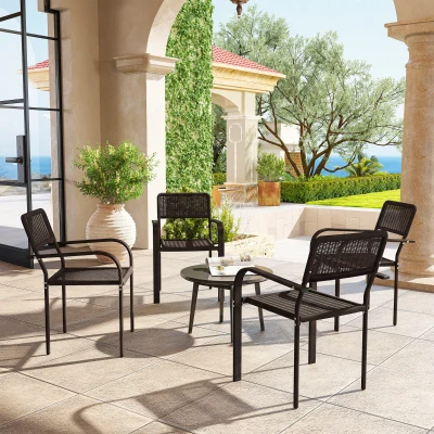 Outsunny Juego de 4 Sillas de Jardín Exterior Apilables con Reposabrazos Respaldo y Marco de Acero 55x60x83 cm Marrón Oscuro