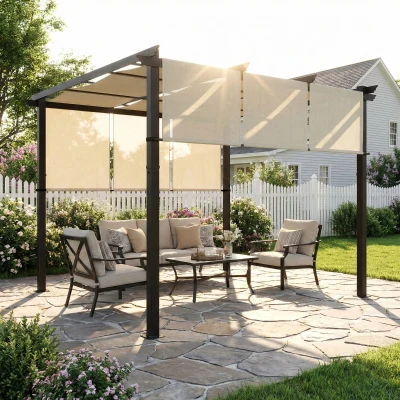 Outsunny Pergola 3x3m Acier Noir Toile Coulissante Beige