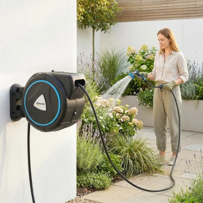 Outsunny Wand-Schlauchaufroller Automatisch 23+2m Automatischer Schlauchabroller 10+2 Modi 55x31x50cm Blau