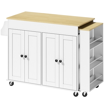 HOMCOM Isla de Cocina con Ruedas Encimera Extensible 4 Puertas Estantes Ajustables Especiero y Soporte para Toallas Blanco
