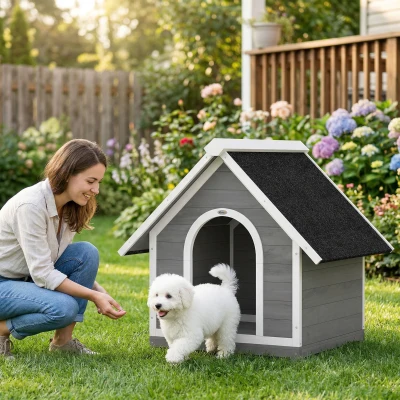 PawHut Caseta para Perro Exterior Casa para Perro Cuerpo Totalmente Abatible para Limpieza Fácil 84x101x86 cm Gris y Blanco