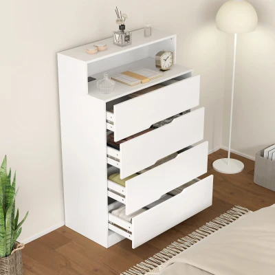 HOMCOM Cómoda com 4 Gavetas e Estação de Carregamento com Porta USB Porta USB-C Prateleira Aberta 80x40x120 cm Branco