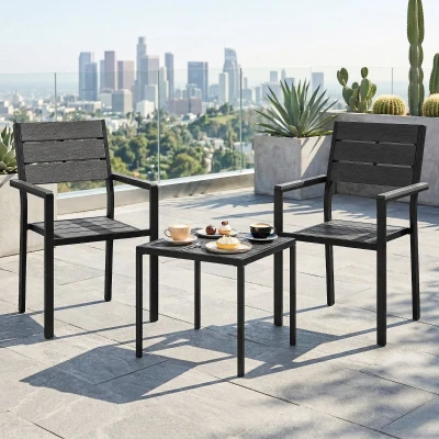 Outsunny Conjunto de Jardín de 3 Piezas con 2 Sillas y Mesa de HDPE Diseño Listones Efecto Madera para Patio Balcón Negro