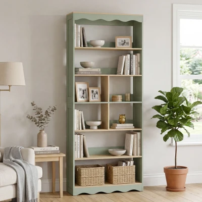 HOMCOM Bücherregal, Aufbewahrungsregal mit 6 Stufen und 6 offenen Fächern, 76 x 23,8 x 180 cm, Naturholz und Grün