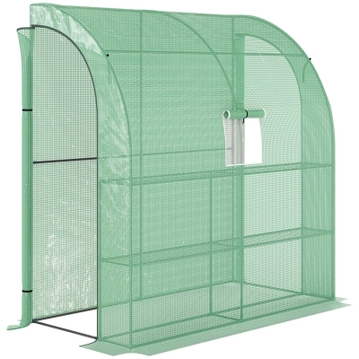 Outsunny Lean to Wall Greenhouse with 2 Tiers 4 Wired Shelves, Walk-In Plant Shelter with Mesh Windows and Doors, 200L x 100W x 215Hcm, Green