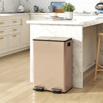 HOMCOM Lixeira de Cozinha 2 Compartimentos de 2x28 L Aço Inoxidável Tampa com Fechamento Suave 45,8x36x67,6 cm Dourado