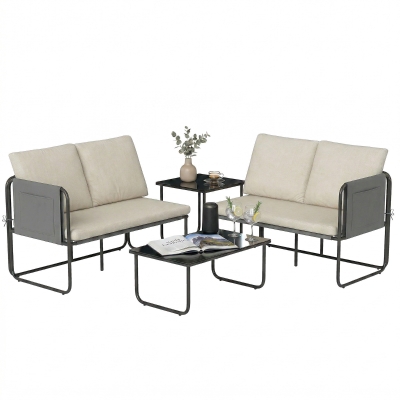 Outsunny Conjunto de Jardim de 4 peças Móveis de Exterior com 2 Sofás de 2 Lugares 2 Mesas de Vidro Almofadas Capas Removíveis Preto e Bege