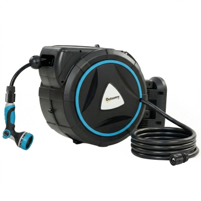 Outsunny Enrollador Manguera Riego Mural Automático 23+2m Carrete Automático Pistola de Riego 10+2 Modos 55x31x50cm Azul