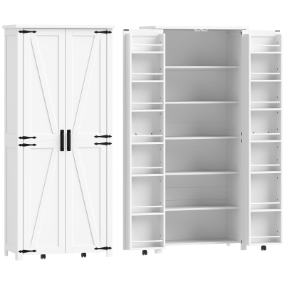 HOMCOM Hochschrank Küche, Küchenschrank, 2 Türen mit Rollen, 6 Fächer, 14 Türfächer, verstellbare Einlegeböden, weiß