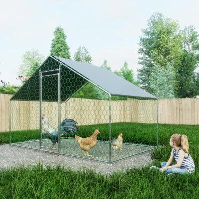 Freilaufgehege, Hühnerstall mit Sicherheitsschloss und wasserdichtem Kunststoff-Tuch, für Hühner, Kaninchen und weitere Kleintiere, 303 x 200 x 200 cm, Silber