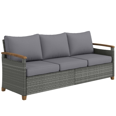 Outsunny 3-Seater Rattan Garden Sofa Wood-Effect Dark Grey