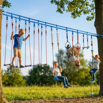 AIYAPLAY Ninja Line dla dzieci, zestaw 24 m Slackline z pierścieniami gimnastycznymi, 7 przeszkodami, mostem do balansowania, dla dzieci w wieku 3-6 lat, czerwony+niebieski