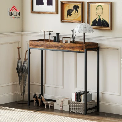 HOMCOM Slim Console Table with Raised Tray, Metal Frame – Rustic Brown