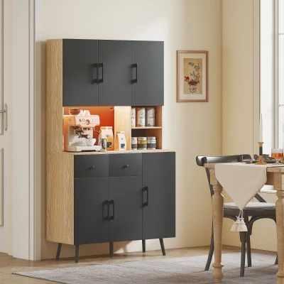 HOMCOM Armário de Cozinha Alto com Luzes LED RGB com 6 Portas 2 Gavetas Bancada 100x40x176 cm Preto e Madeira