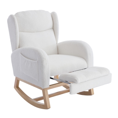 Schaukelstuhl mit verstellbarer Fußstütze, ergonomisches Wingback-Design, hohe Rückenlehne, Teddy-Stoff, 122,5x70x104 cm, Weiß