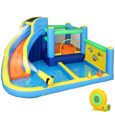 AIYAPLAY Castillo Hinchable Acuático 8 en 1 con Soplador 550W Tobogán Trampolín Escalada Piscinas Canasta Lanzamiento de Aros