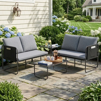 Outsunny Conjunto de Jardim de 4 peças Móveis de Exterior com 2 Sofás de 2 Lugares 2 Mesas de Vidro Almofadas Capas Removíveis Cinza