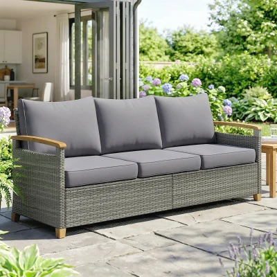 Outsunny 3-Seater Rattan Garden Sofa Wood-Effect Dark Grey