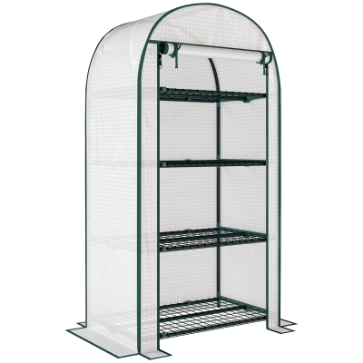 Outsunny 80 x 49 x 160cm Mini Greenhouse for Outdoor, Portable Gardening Plant Green House with Storage Shelf, Roll-Up Zippered Door, Metal Frame and PE Cover, White