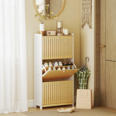 HOMCOM Range-Chaussures 3 Portes Bambou Blanc/Naturel 18 Paires