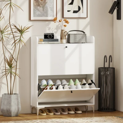 HOMCOM Armoire à Chaussures 16 Paires 2 Tiroirs Blanc 80x24x101cm