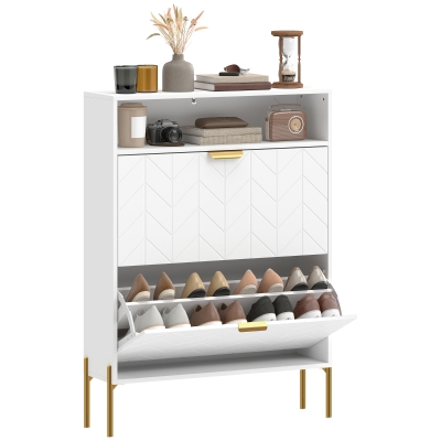 HOMCOM Armoire à Chaussures 16 Paires 2 Tiroirs Rabattables Blanc