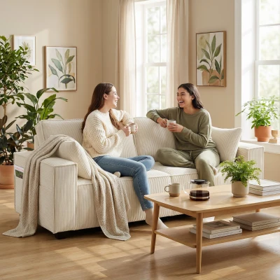 HOMCOM Canapé 3 Places Velours 218cm Salon Beige Accoudoirs Larges