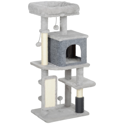 PawHut Albero per Gatti Multilivello Alto 104 cm con Casetta, Lettino, Pali Tiragraffi, Spazzola e Pallina, Grigio