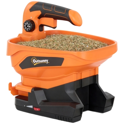 Outsunny Esparcidor Portátil 3,3 L 8 Niveles de Flujo Ancho Dispersión Ajustable Puerto USB para Césped Sal hasta 800 m² Naranja