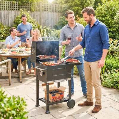 Outsunny Barbacoa de Carbón Portátil con Parrilla de Acero Inoxidable Estante Lateral Termómetro Bandeja y Ruedas Negro