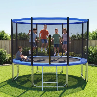 SPORTNOW Cama Elástica Exterior Ø366 cm Trampolín para Niños con Red de Seguridad Escalera y Acolchado de Muelles Azul