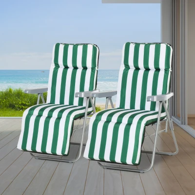 Outsunny 2 Pieces Garden Patio Furniture Set of 2, Outdoor Foldable Sun Recliners Loungers with Multi Position Relaxers Chairs and Cushions (Green White)