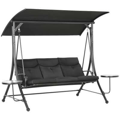 Outsunny Hollywoodschommel, 3-Zits Tuinschommel met Verstelbaar Zonnedak, 278 x 125 x 177 cm, Zwart